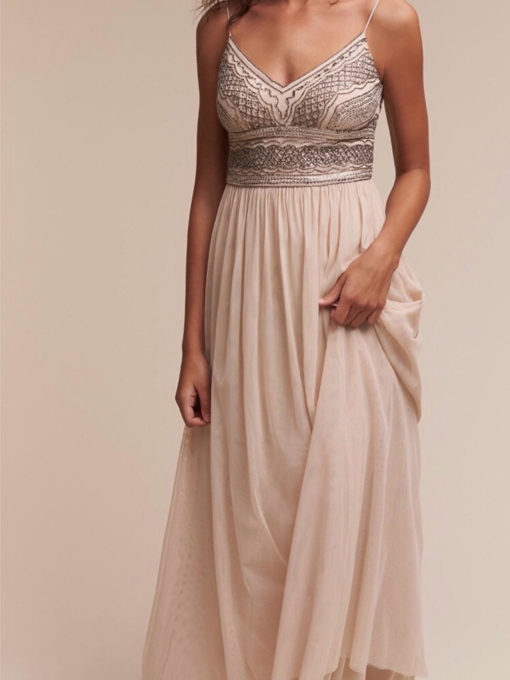 Adrianna Papell “Aida” Beaded V-Neck Maxi Dress in Beige - Picture 4 of 13